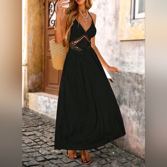 New Boho Sheer Crochet Knit Tie Back Long Dress Black - Picture 8 of 10